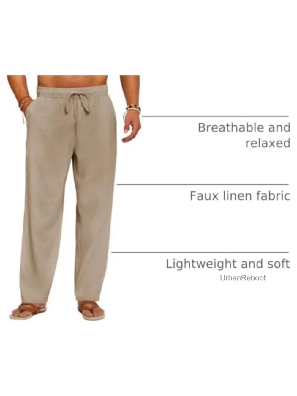 Men's Faux Linen Casual Pants - Elastic Waist Drawstring Trousers Yoga Beach